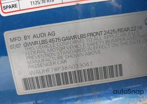 2008 Audi A3 2.0T from USA, damaged, VIN WAUHF78P38A033041